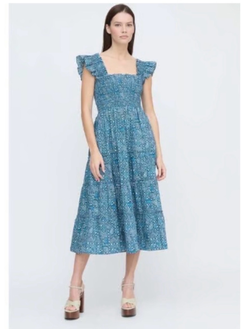 Hill House Blue Floral Smocked Midi with Flutter Shoulders